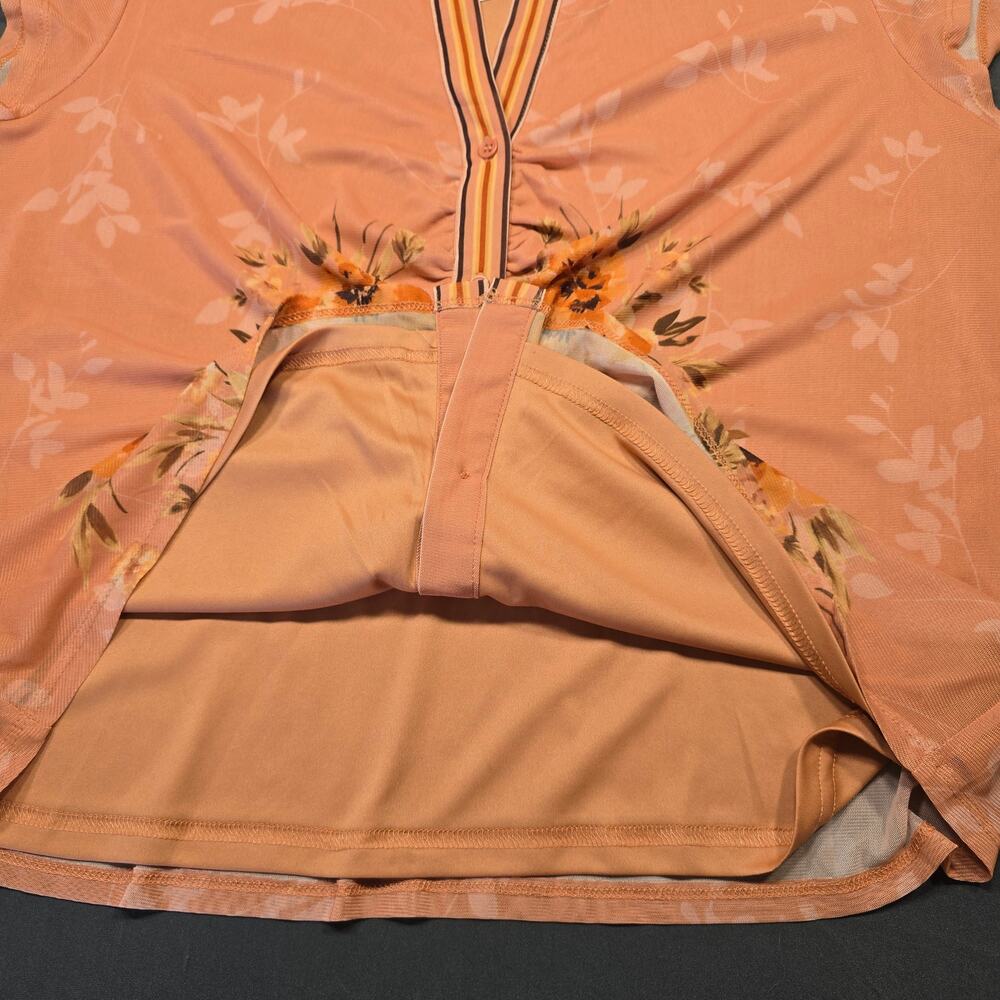 DR2 Orange Floral Shirt NEW Buttons Short Cap Sleeves Stretch Womens Size XL Top - Picture 5 of 7